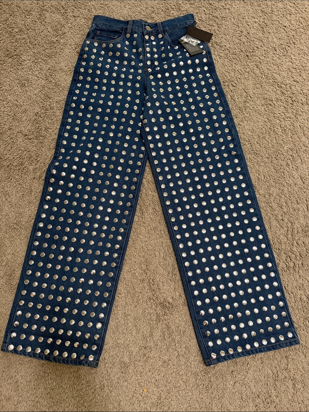 Blank NYC Dark Blue Studded Straight-Leg Jeans